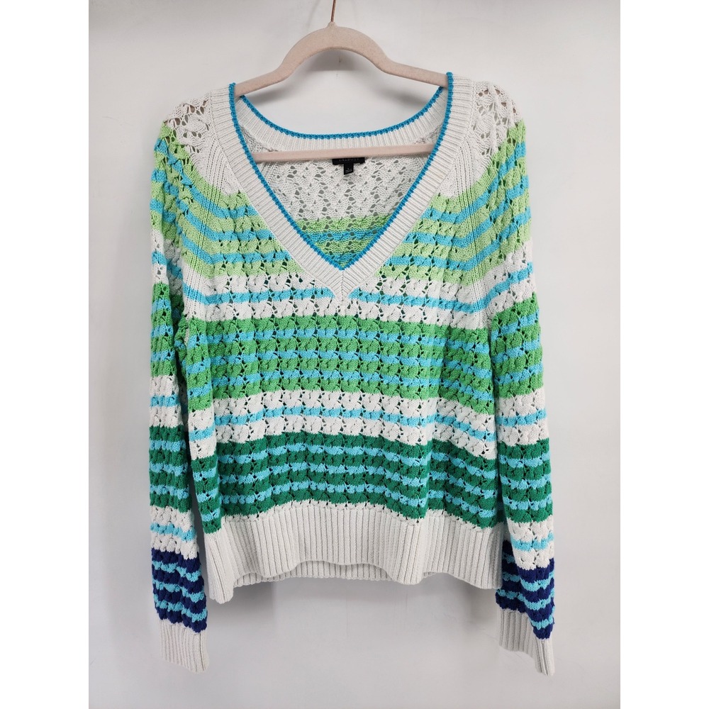 Talbots Crochet Knit Striped V-Neck Cotton Sweater L